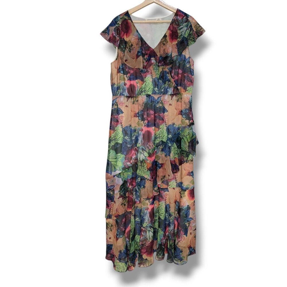 Soft Surroundings Maxi Dress Large V-Neck Ruffle Floral Boho Wedding Resort - Picture 2 of 7